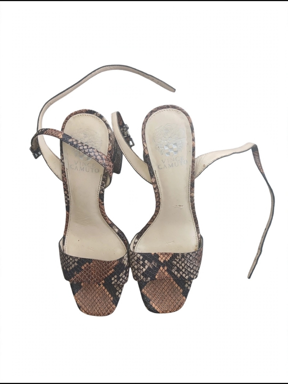 Vince Camuto Snake-Print Ankle-Strap Heels in Brown and Black